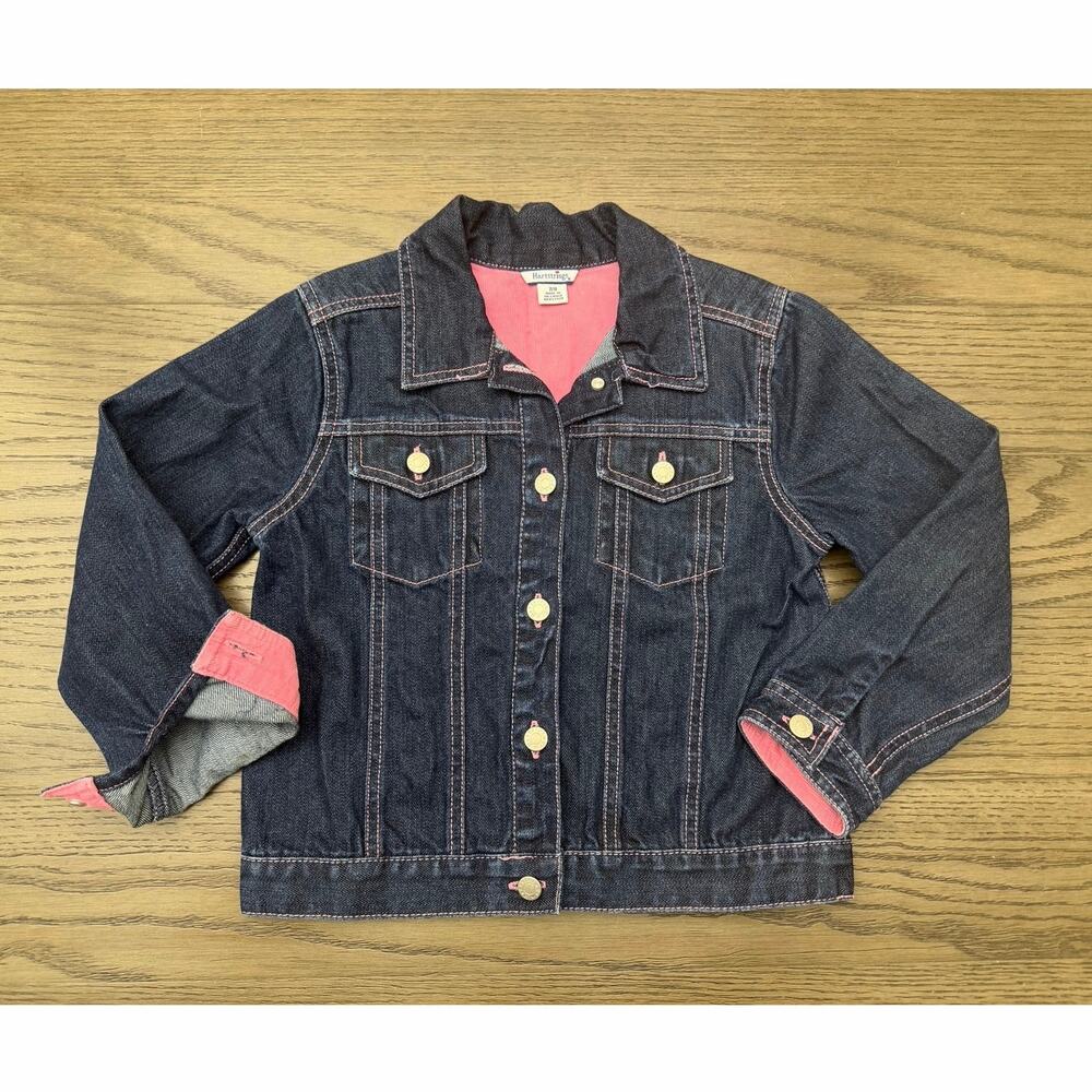 Hartstrings Girls Size 7/8 Dark Wash Denim Jacket Pink Stitching